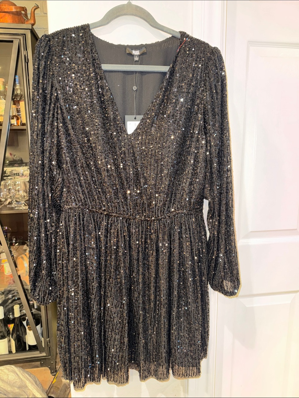 PAIGE Black Sequin V-Neck Long Sleeve Mini Dress